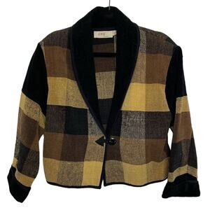 Anu by Natural Checked Cropped Jacket Long Sleeve Single Button‎ Brown Tan L